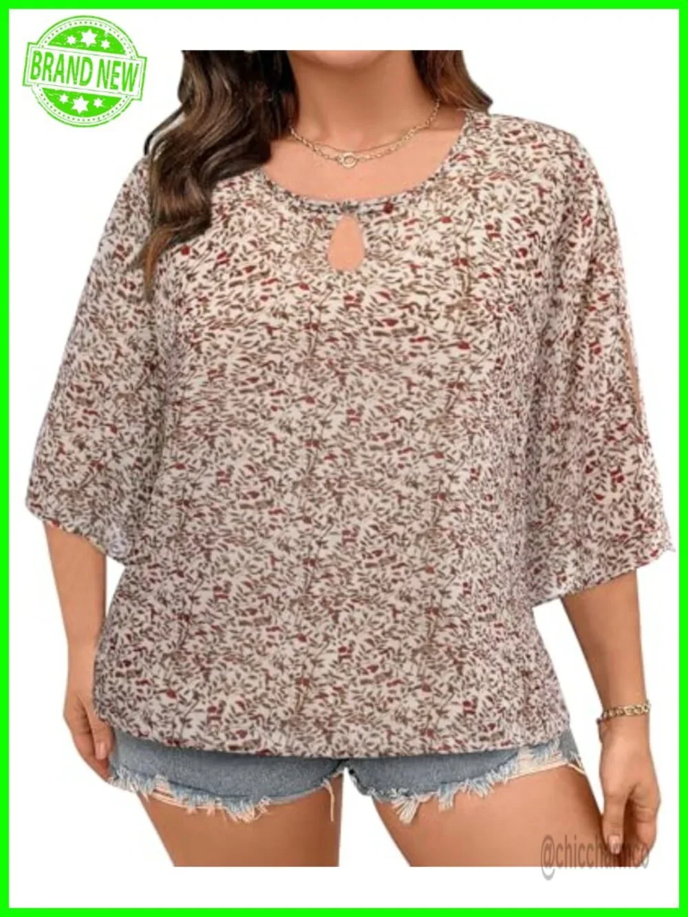 Plus Size Chiffon Blouse 3/4 Sleeve Double Layer Knot Button Tunic
